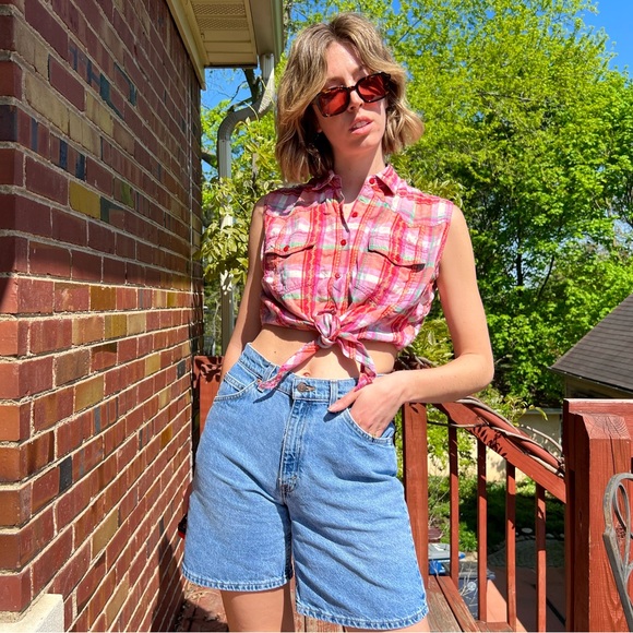 Vintage Pink Plaid Cropped Tie Top - Picture 3 of 5
